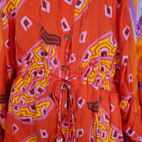 Farm Rio Tiki Bananas Scarf Long Sleeve Mini Romper Red Latinx Size Medium - Picture 7 of 12